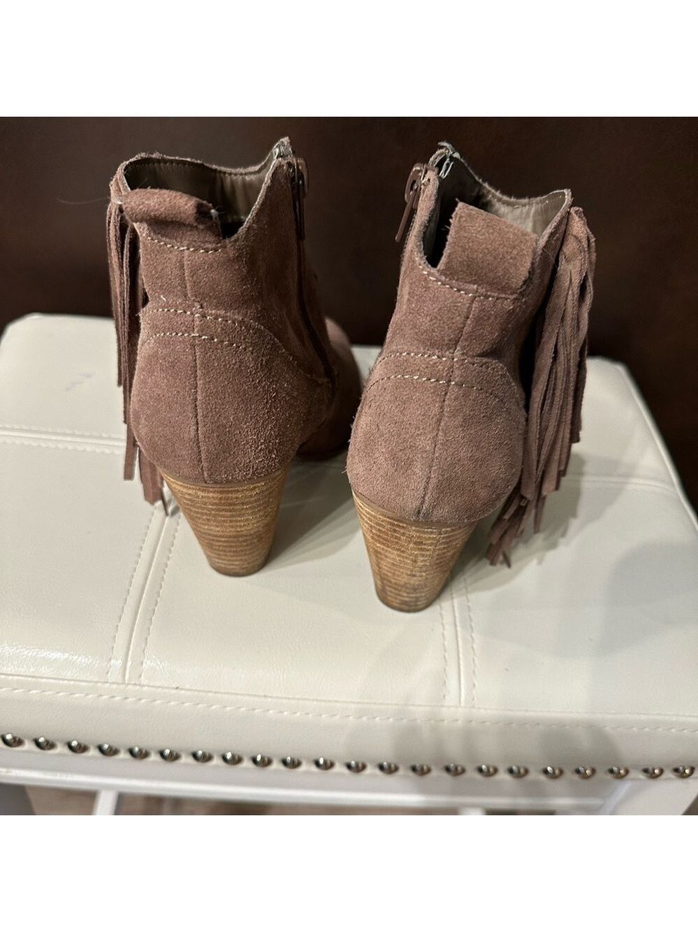 STEVE MADDEN Tan Fringed heeled ankle booties suede leather western size 7.5 - Picture 6 of 16